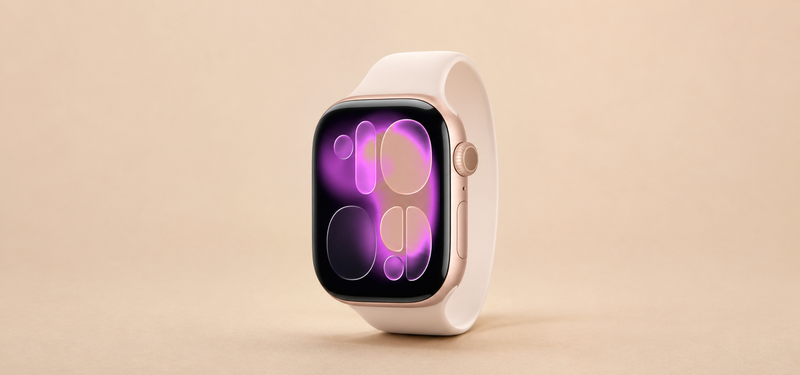 An Apple Watch Series 11 with a sport band shown from the front, sitting on a beige studio background.