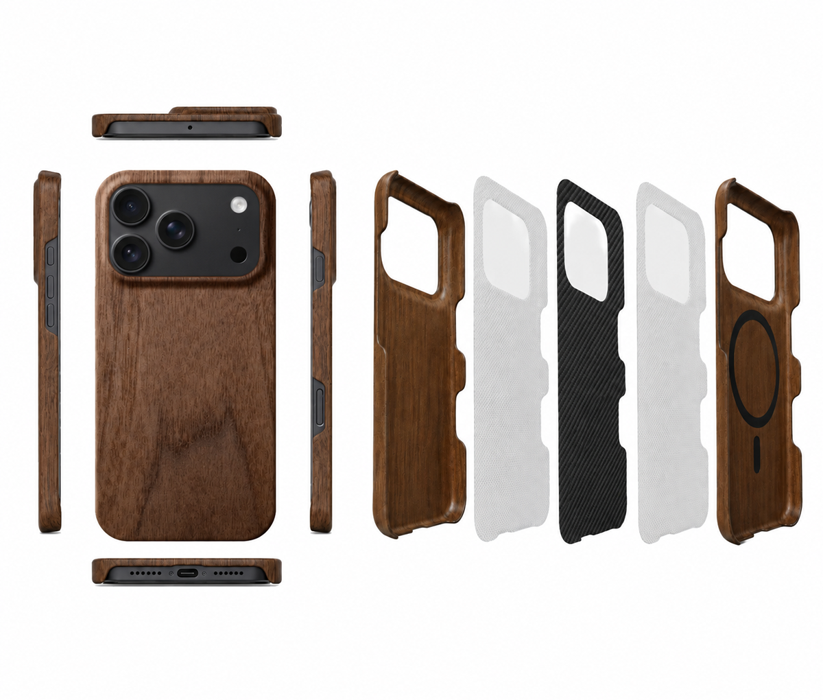 A display of the iPhone 18 Pro in Black with a walnut wooden phone cases shown in multiple views and showing the layers dismantled Display of all sides of the iPhone 18 Pro Max Case, Disassembled showcasing all 5 layers. Walnut. 