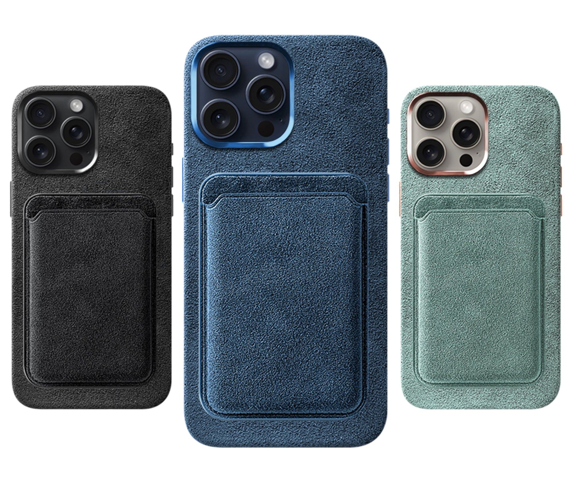 Komodoty Alcantara MagSafe Wallet Black Ocean Blue Mint Installed iPhone Together Desktop Image