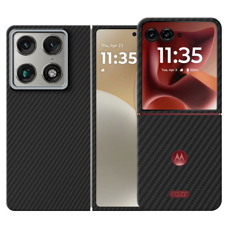 Motorola Razr Fold and Motorola Razr 60 Ultra black aramid fiber phone cases on white background