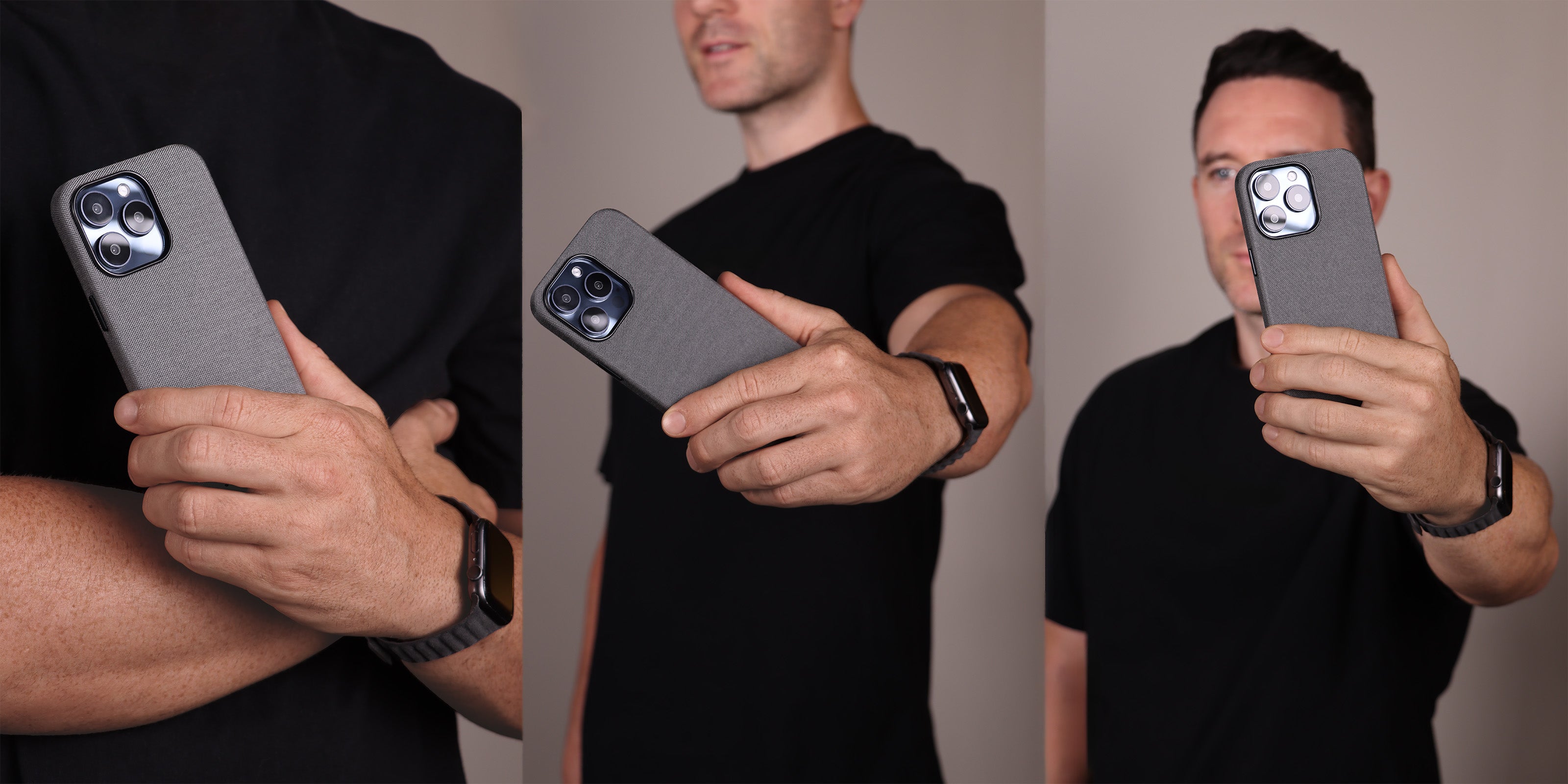 Komodoty Fabric Cordura Case Grey Man holding case in studio wearing a black t-shirt and Apple watch with Komodoty's Alcantara Black watch band.