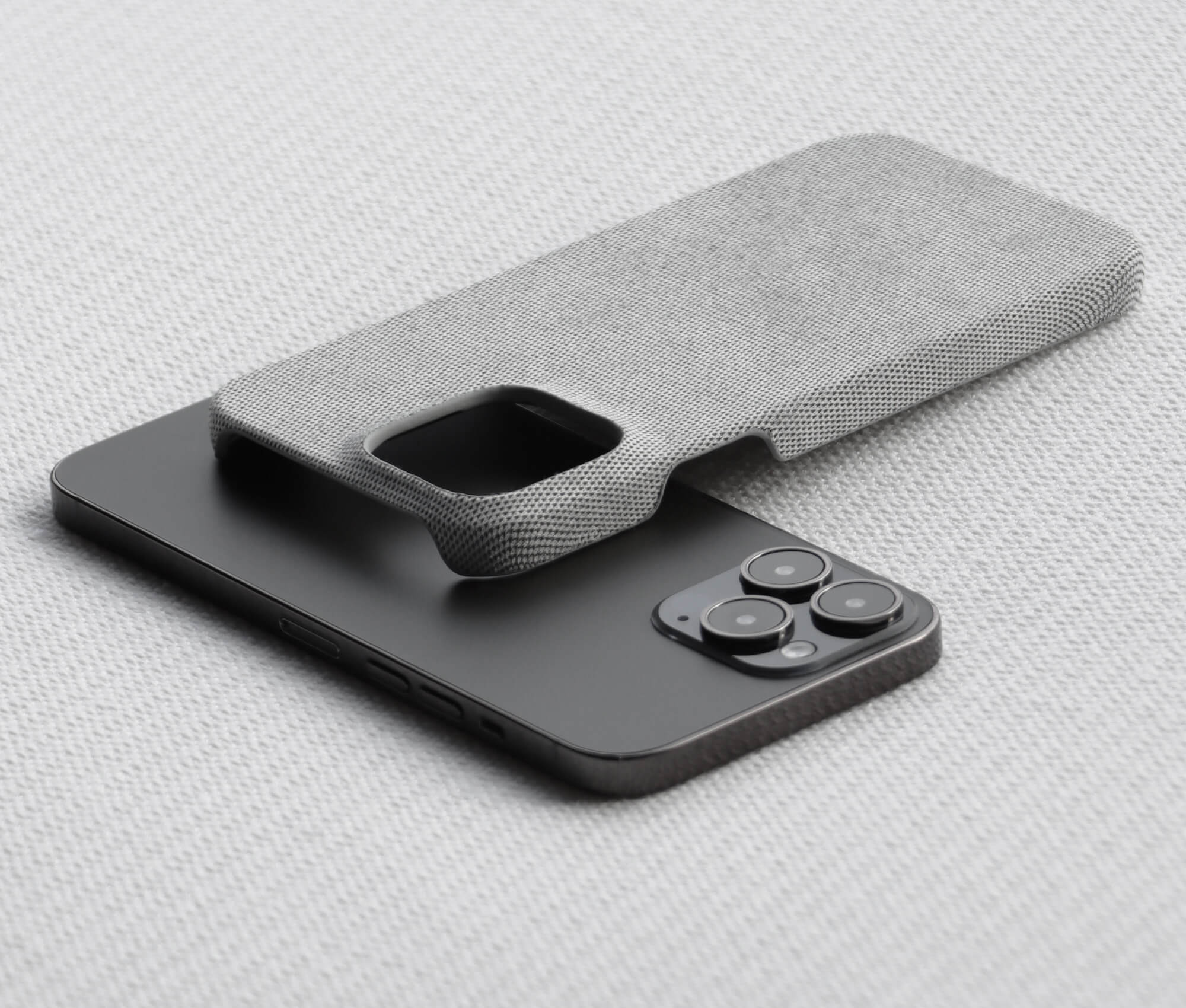 Komodoty Fabric iPhone 15 Pro Max Case Light Grey Slim Design Camera Protection Open Cutouts
