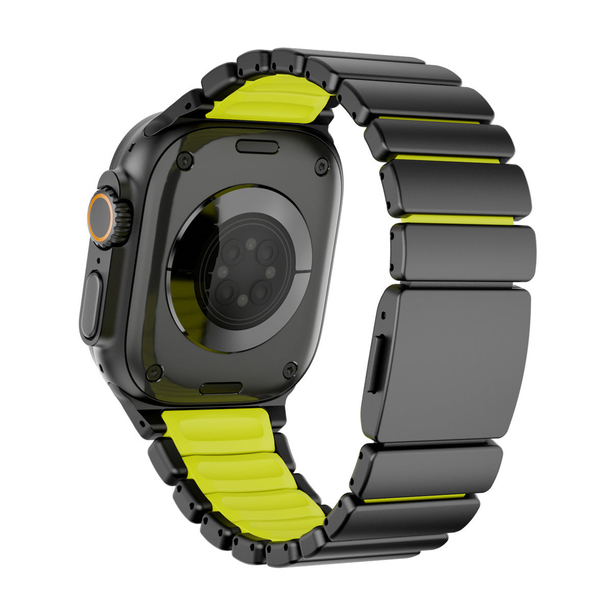 Komodoty-Titanium-Apple-Watch-Band-Black-on-Yellow-Rubber-Magnetic-Clasp on a white background