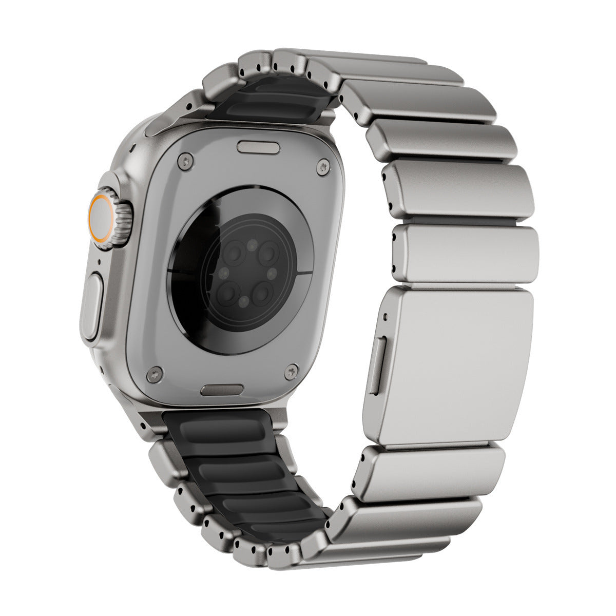 Komodoty Titanium Apple Watch Band Natural Titanium on Black Rubber Magnetic Clasp Nomad Apple Watch Band