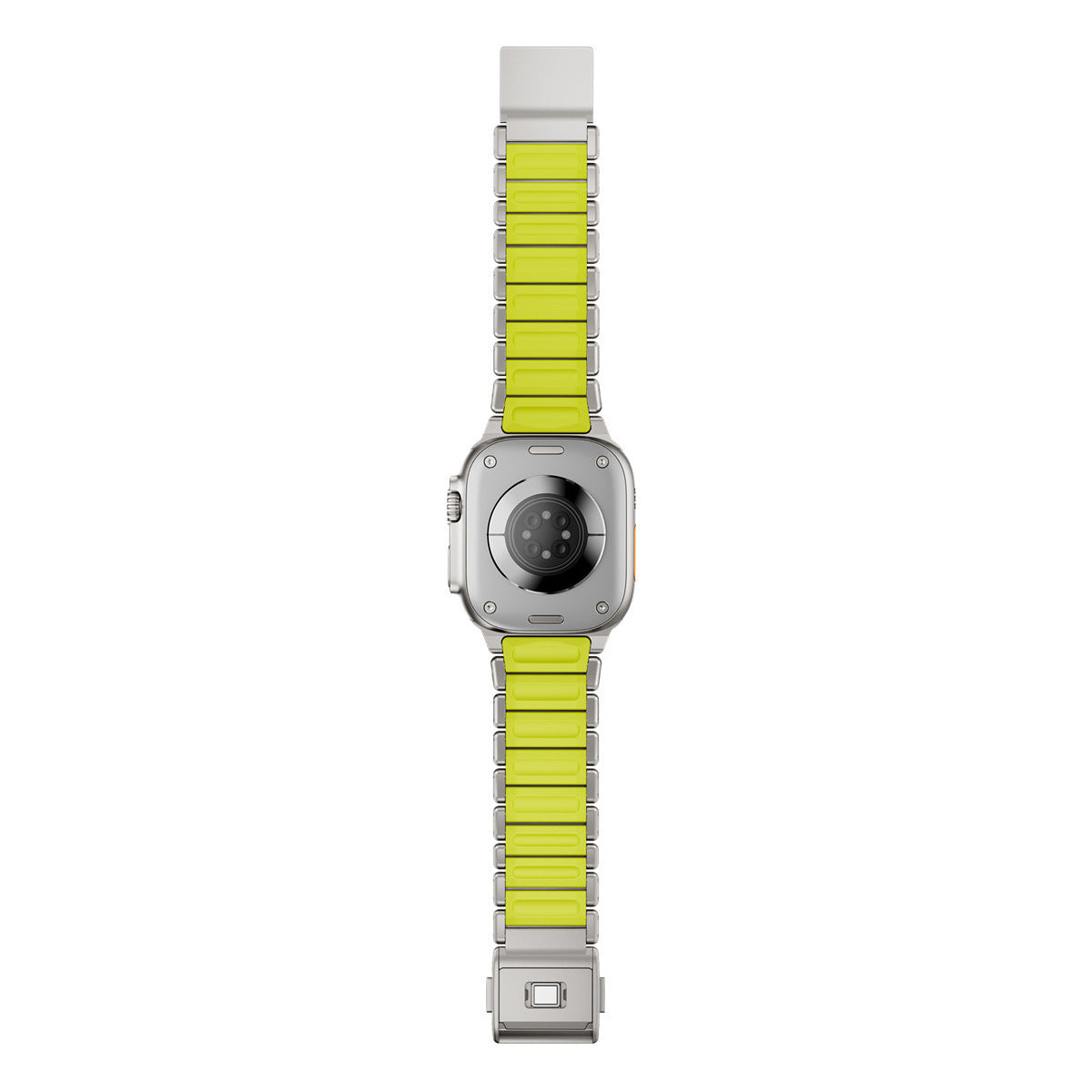 Komodoty Titanium Apple Watch Band Natural Titanium on Yellow Rubber Flatlay Back Nomad Apple Watch Band