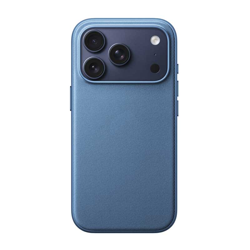 Woven Fabric iPhone 17 Pro phone case in sky blue on a white background