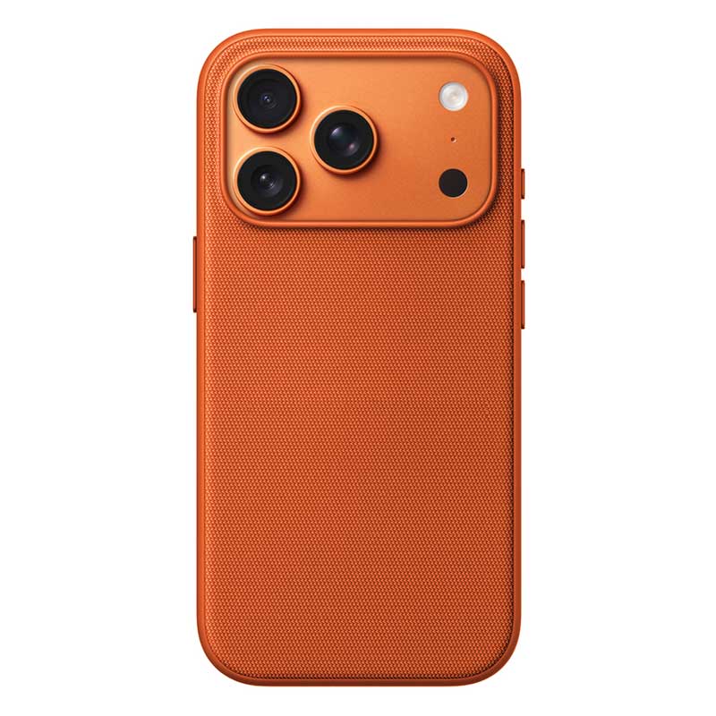 Woven Fabric iPhone 17 Pro Max phone case in bright orange on a white background