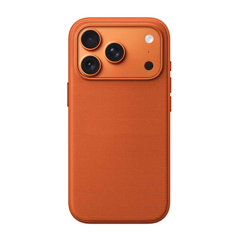 Woven Fabric iPhone 17 Pro phone case in bright orange on a white background