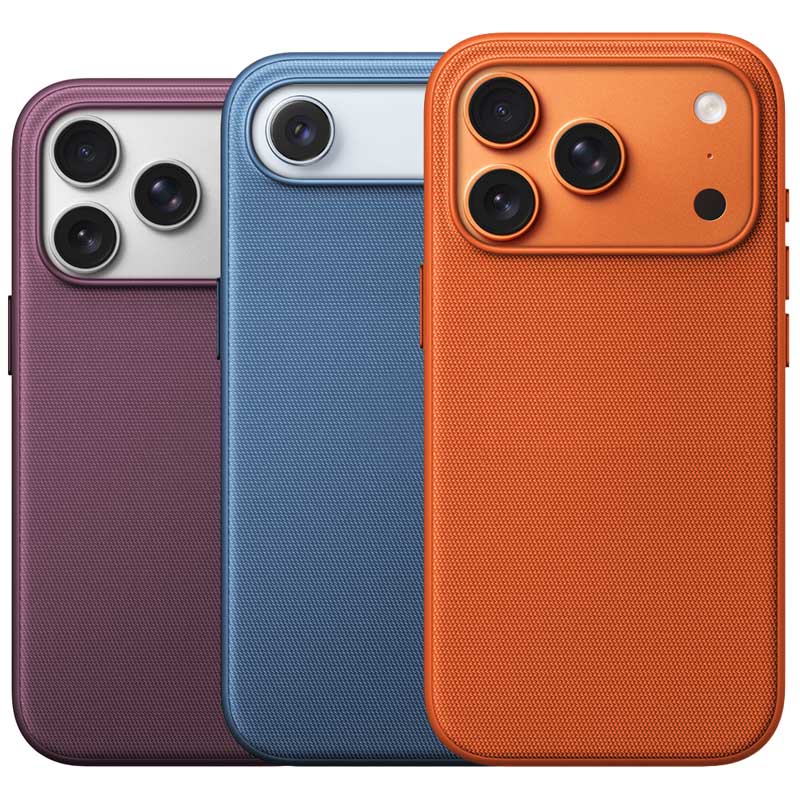 Three TechWoven iPhone cases shown side by side in cherry red, sky blue and orange, each with a large triple-camera cutout on a white background