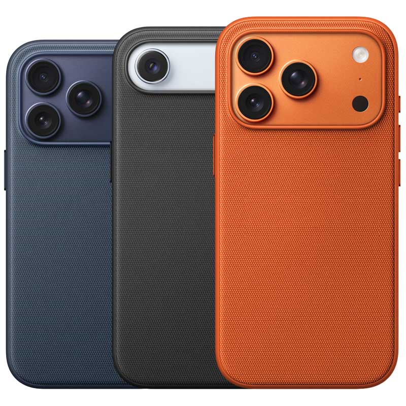 Three TechWoven iPhone cases shown side by side in blue, black and orange, each with a large triple-camera cutout on a white background