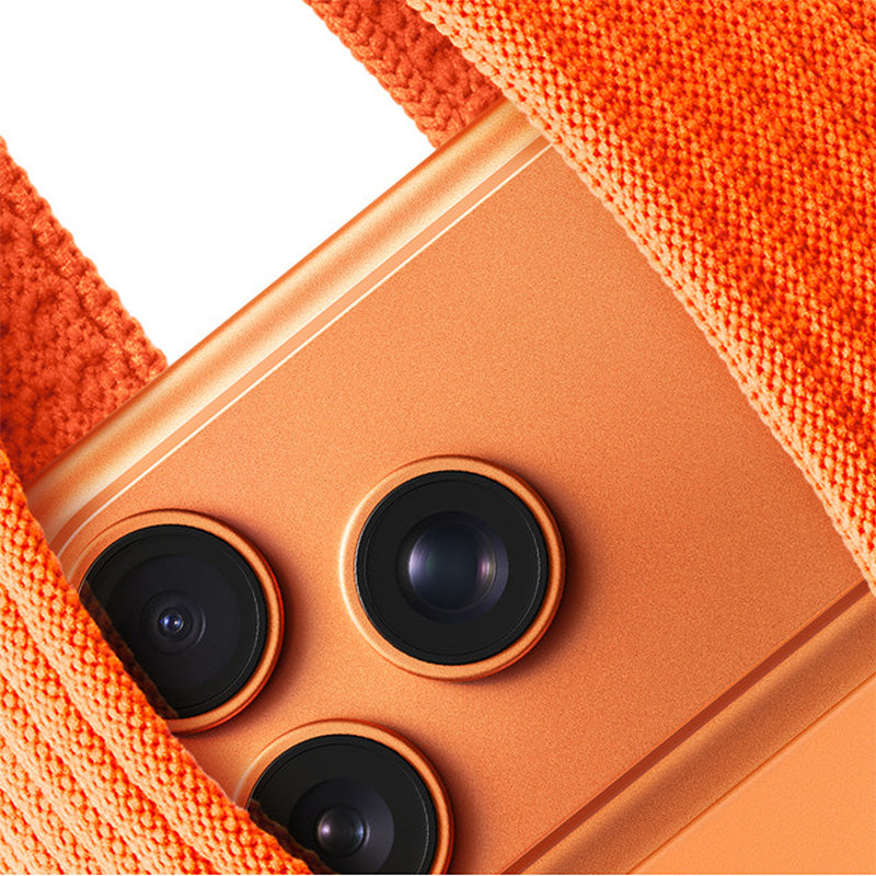 Komodoty-iPhone-Sock-Pocket-Orange with Cosmic Orange iPhone 17 Pro inside close up