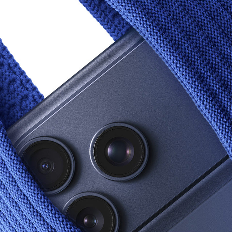 Komodoty-iPhone-Sock-Pocket-Blue with Blue iPhone 17 Pro close up