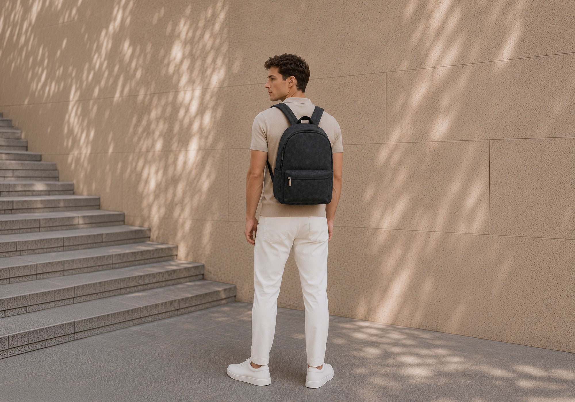 Male model in a beige collared shirt with white pants and white shoes wearing a black alcantara backpack on his back against a beige wall outdoors