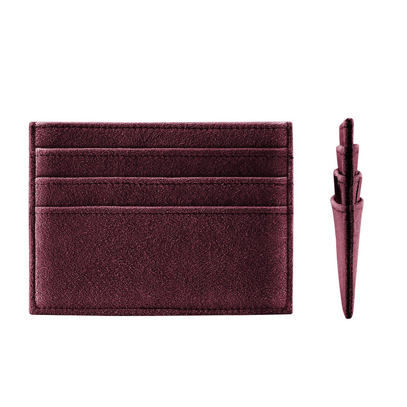 Burgundy Alcantara card wallet, front view of the empty slots beside a side profile, on a plain white background