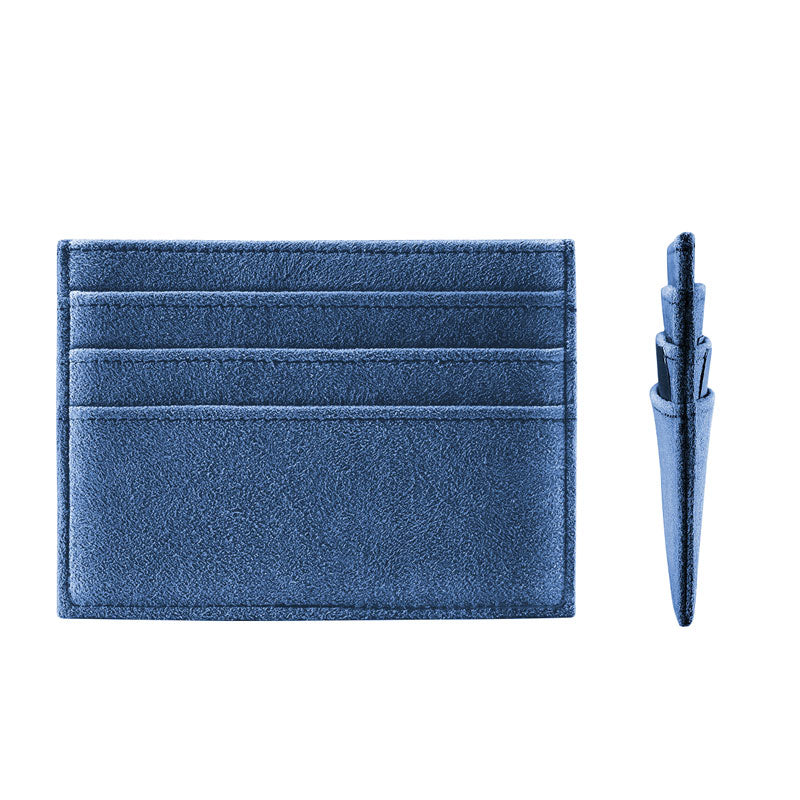 Glacier Blue Alcantara card wallet, front view of the empty slots beside a side profile, on a plain white background