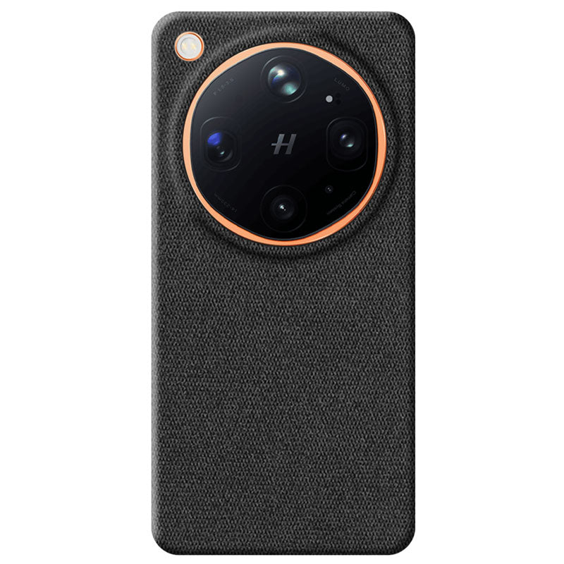 A black textured fabric Oppo Find X9 Ultra phone case with a circular camera cutout, shown on a plain white background.