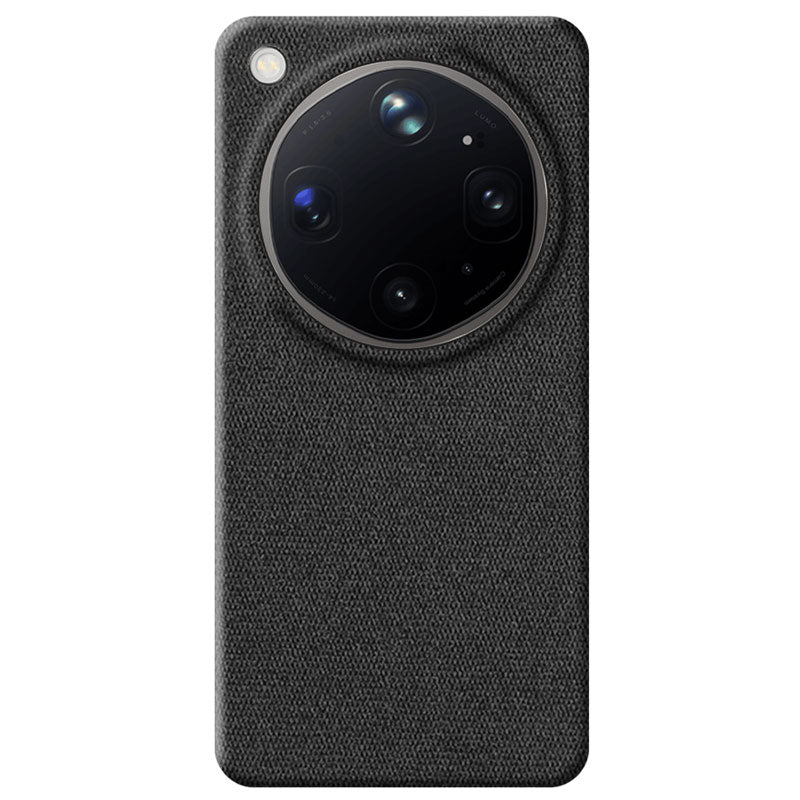 A black textured fabric Oppo Find X9 Ultra phone case with a circular camera cutout, shown on a plain white background.