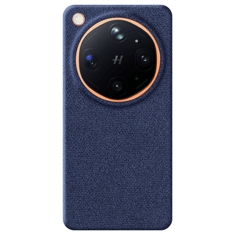 A dark blue textured fabric Oppo Find X9 Ultra phone case with a circular camera cutout, shown on a plain white background.