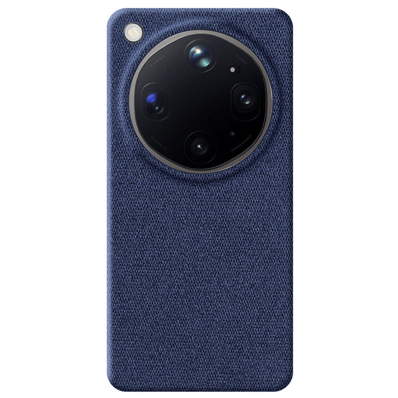 A dark blue textured fabric Oppo Find X9 Ultra phone case with a circular camera cutout, shown on a plain white background.