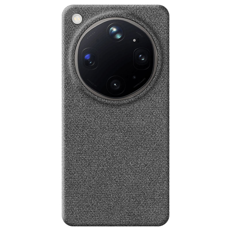 A dark gray textured fabric Oppo Find X9 Ultra phone case with a circular camera cutout, shown on a plain white background.