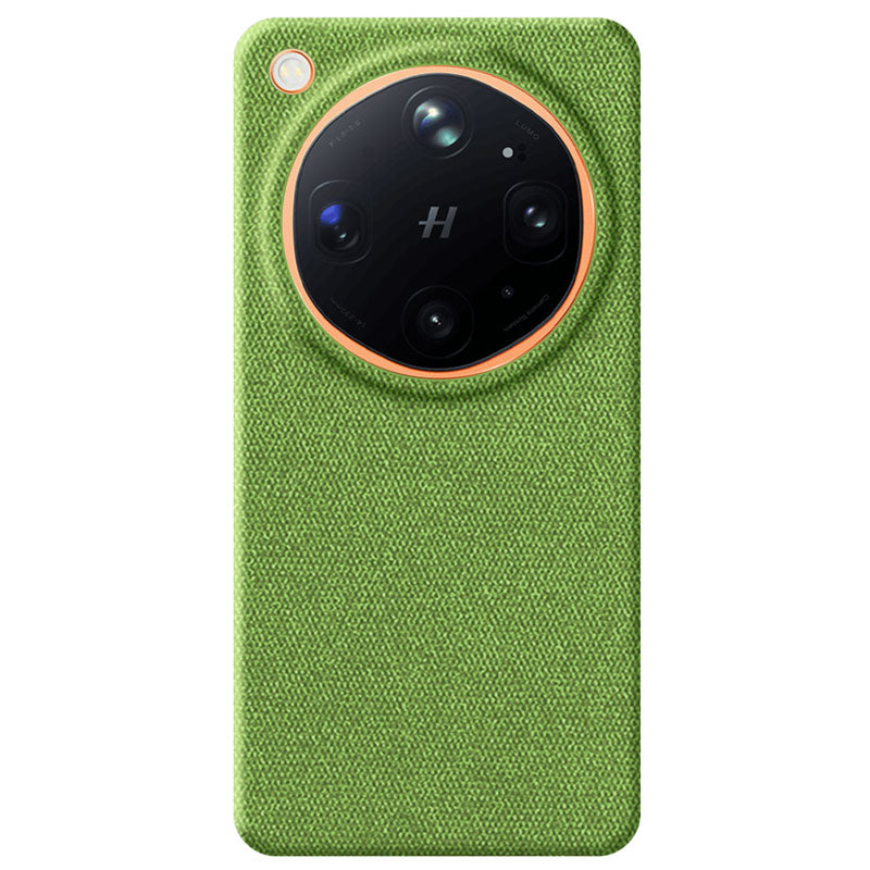 A green textured fabric Oppo Find X9 Ultra phone case with a circular camera cutout, shown on a plain white background.