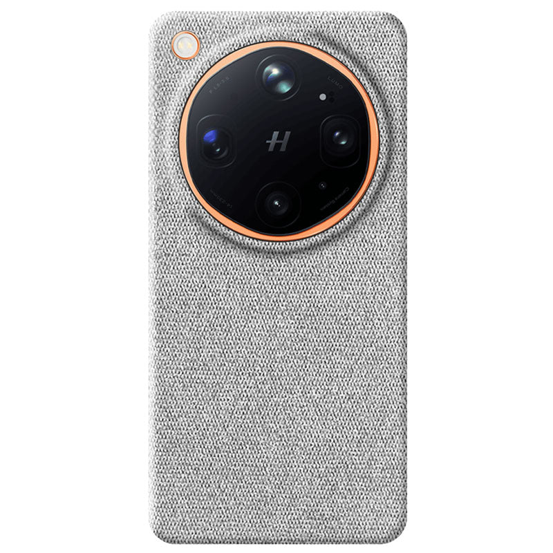 A light gray textured fabric Oppo Find X9 Ultra phone case with a circular camera cutout, shown on a plain white background.