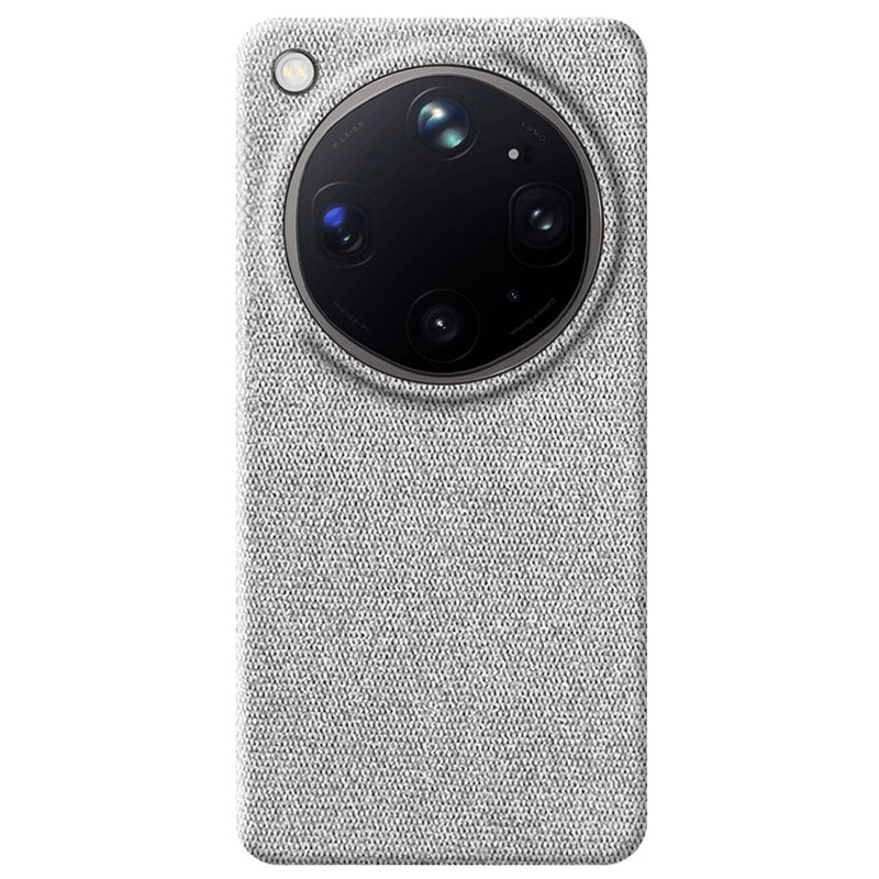 A light gray textured fabric Oppo Find X9 Ultra phone case with a circular camera cutout, shown on a plain white background.