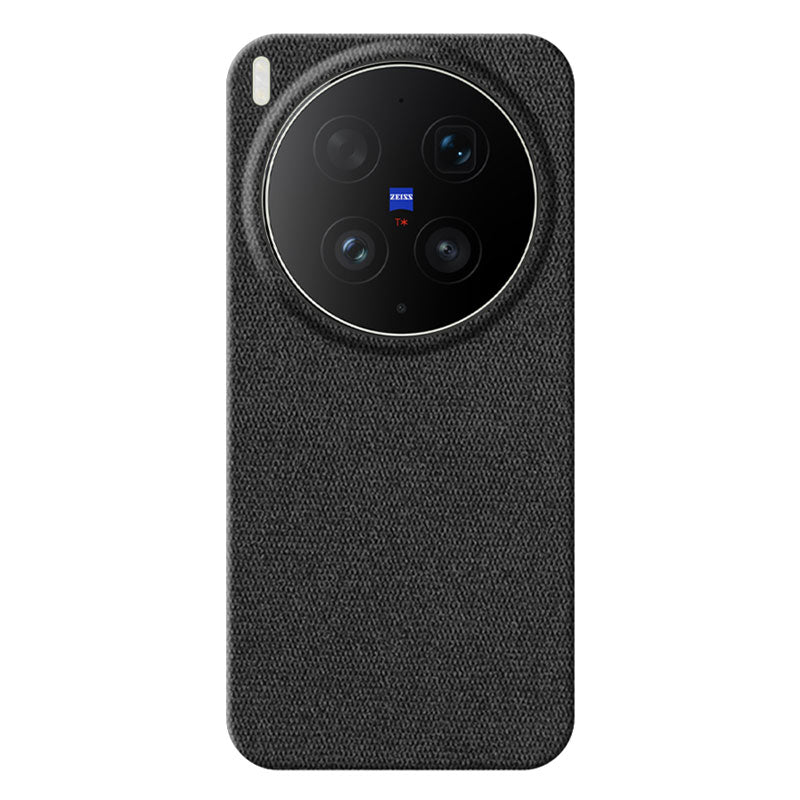 Vivo X300 Ultra fabric phone case in black with circular cutout for camera lens, featuring the Zeiss logo, against a white background