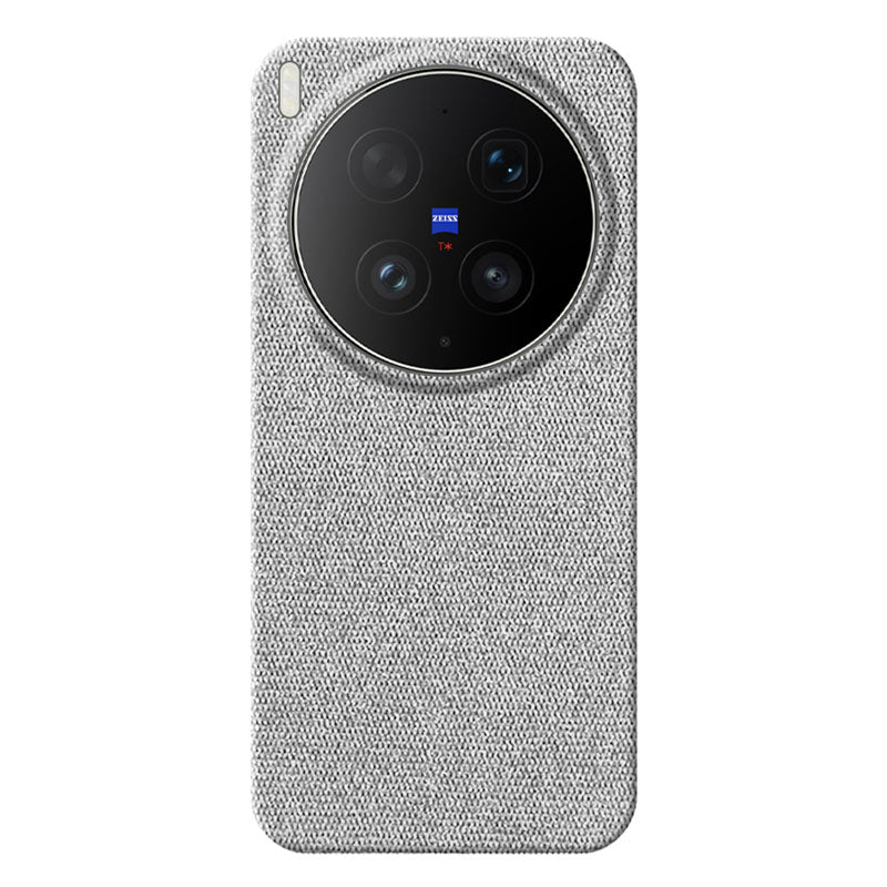 Vivo X300 Ultra fabric phone case in light grey with circular cutout for camera lens, featuring the Zeiss logo, against a white background