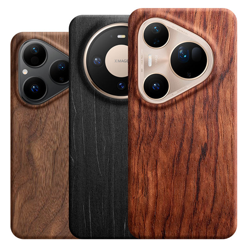 Komodoty Huawei Mate 80 Pro, Huawei Pura 80 Ultra, Huawei Pura 80 slim wood phone cases in Walnut, Charcoal Black and Rosewood on a white background