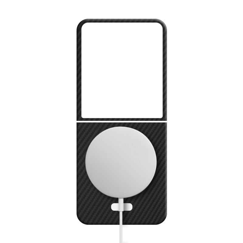 Aramid Fiber Motorola Razr 60 Ultra phone case in black with MagSafe charger attached