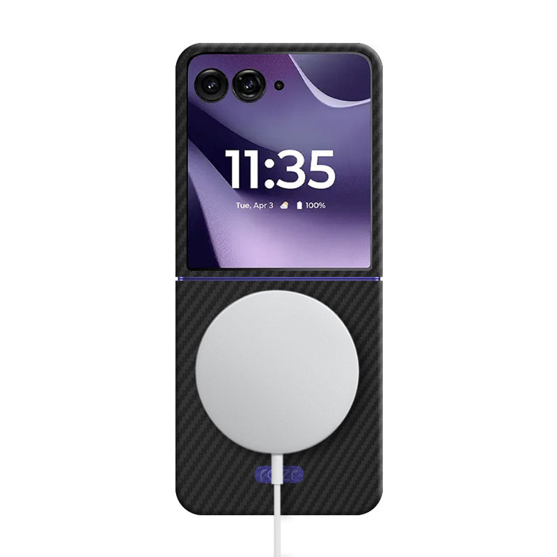 Aramid Fiber Motorola Razr 70 Ultra phone case in black with MagSafe charger attached