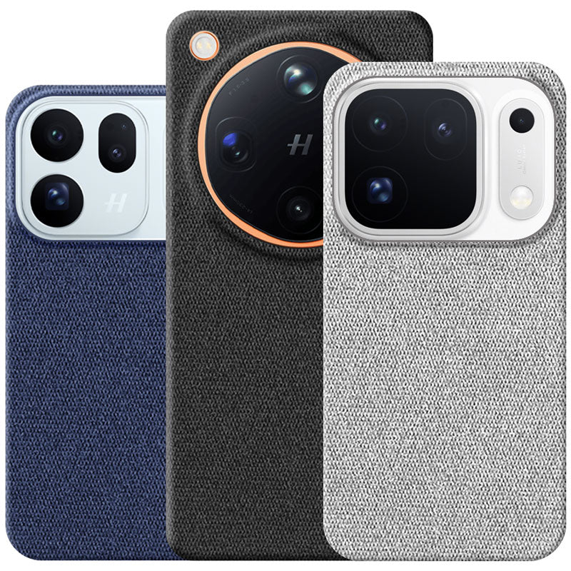 Three textured fabric phone cases shown side by side on white phones: a dark blue Oppo Find X10 case, a black Oppo Find X9 Ultra case with a circular camera hole, and a light gray Oppo Find X10 Pro Max case. The cases have a woven canvas-like texture and are photographed against a plain white background.