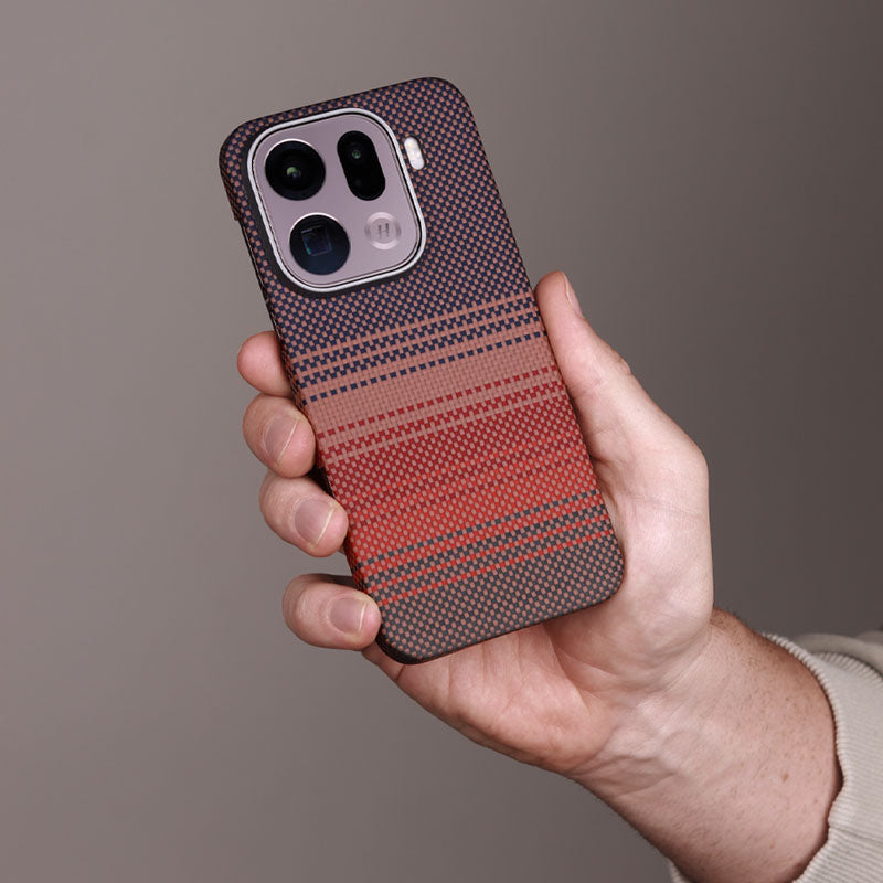 Oppo Find X9 Pro aramid fiber phone case in red textured pattern against a gray background