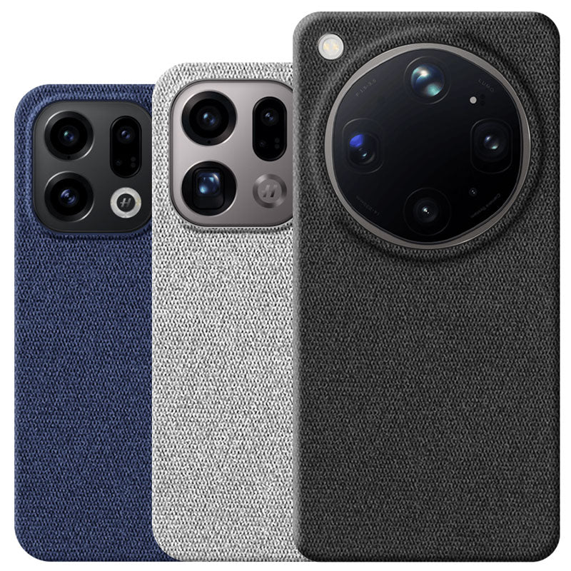 Three textured fabric phone cases for Oppo Find X9 series shown side by side on a white background, in blue, light gray, and dark black. Each case has a large circular camera cutout with visible lens reflections.