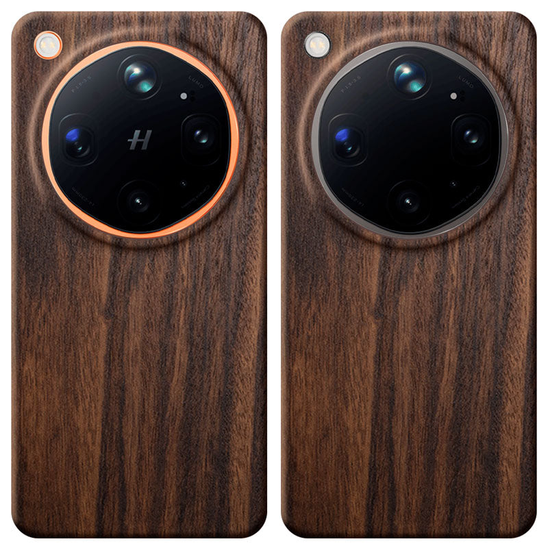 Two Oppo Find X9 Ultra wooden phone cases in Mahogany showing compatibility with Canyon Orange and Tundra Umber side by side on a plain white background.