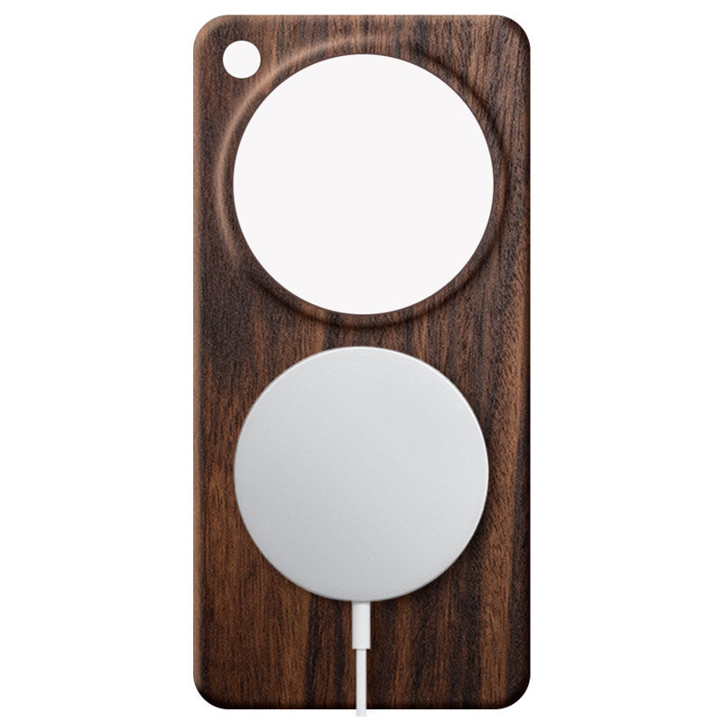Oppo Find X9 Ultra wooden phone case in mahogany with a MagSafe charger attached against a white background