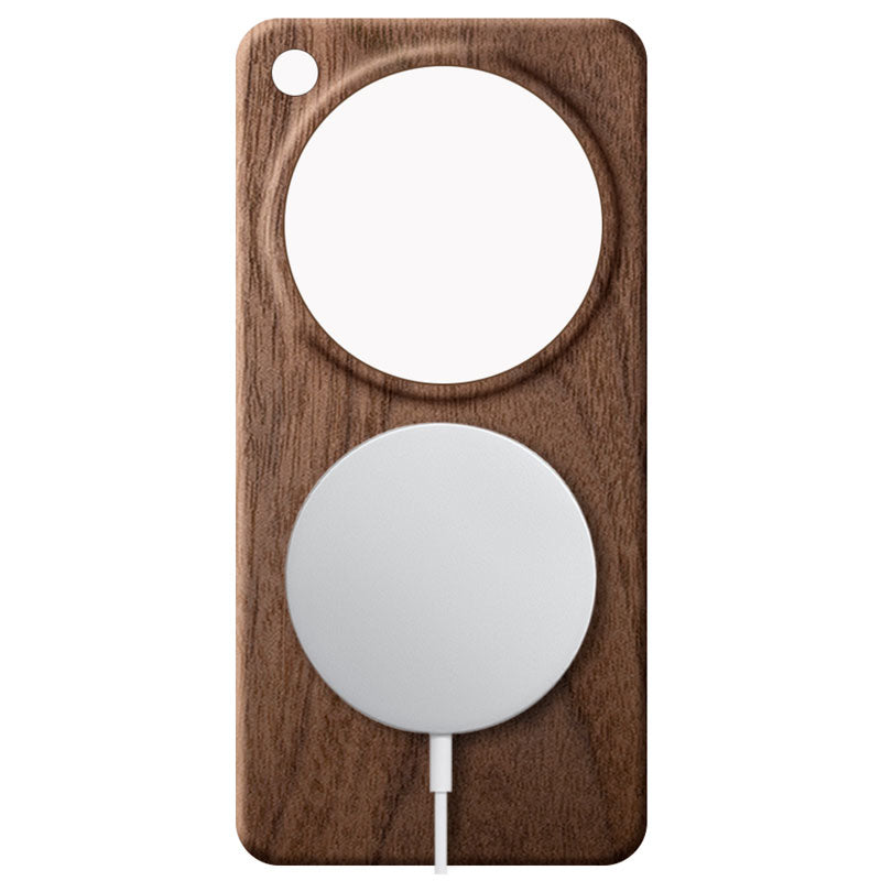 Oppo Find X9 Ultra wooden phone case in walnut with a MagSafe charger attached against a white background