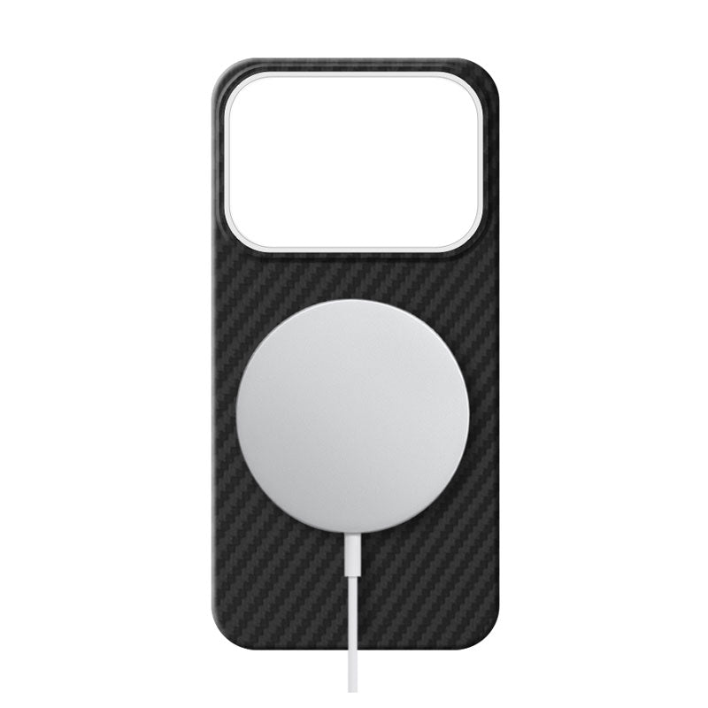 Oppo Find X9s Pro black aramid fiber phone case with twill pattern with MagSafe charger attached