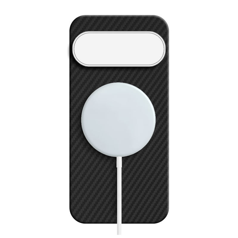 Pixel 11 Pro aramid fiber phone case in black twill 1500D with MagSafe charger attached on white background