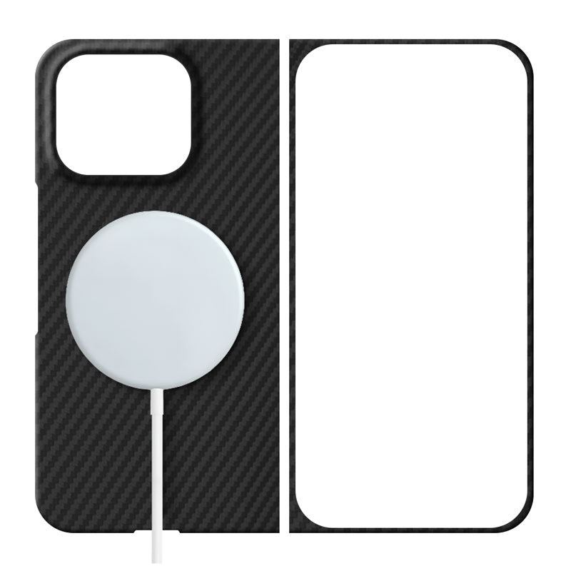 A two-sided Pixel 11 Pro Fold phone case shown on a plain white background. The left side features a black carbon fiber pattern with a white MagSafe-compatible circular magnetic ring, and the right side is a plain white back with a black border.