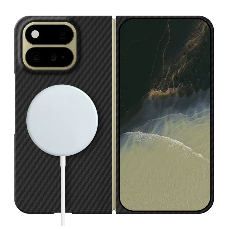 Pixel 11 Pro Fold aramid fiber phone case in black twill 1500D with MagSafe charger attached on white background