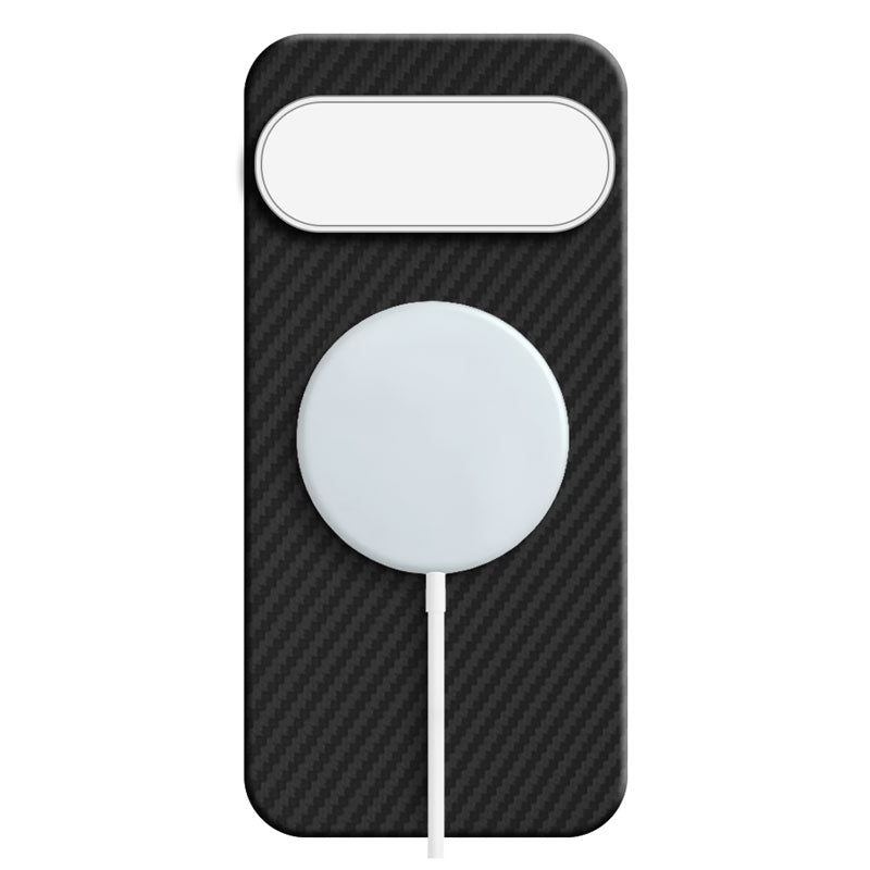 Pixel 11 Pro XL aramid fiber phone case in black twill 1500D with MagSafe charger attached on white background