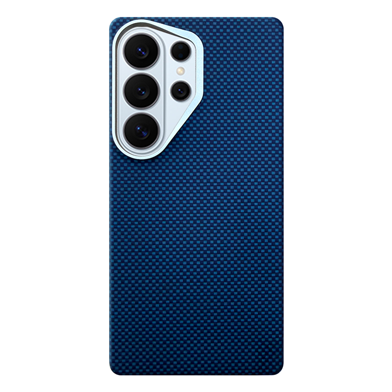 Blue aramid fiber Samsung Galaxy S26 Ultra phone case with a checkered pattern on a white background