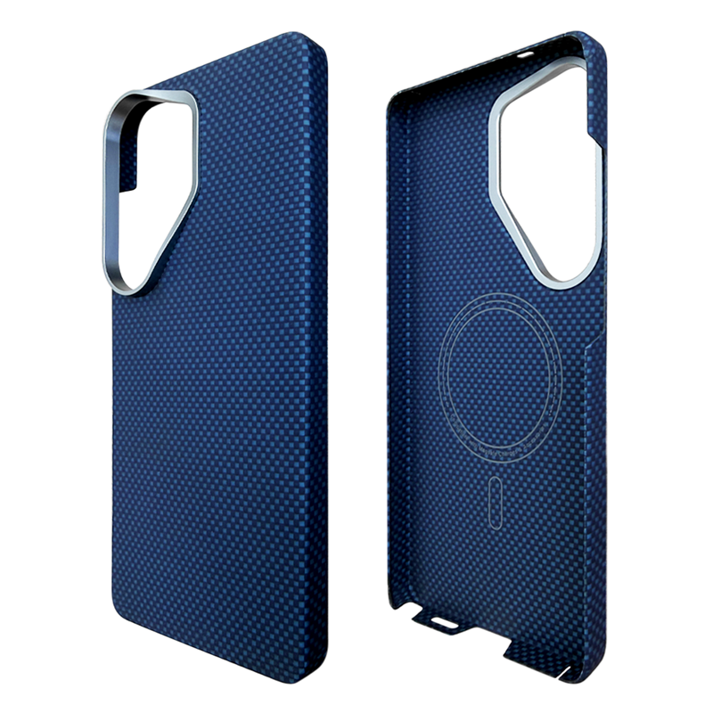 Blue aramid fiber Samsung Galaxy S26 Ultra phone case with a checkered pattern showing both front sides and inside on a white background