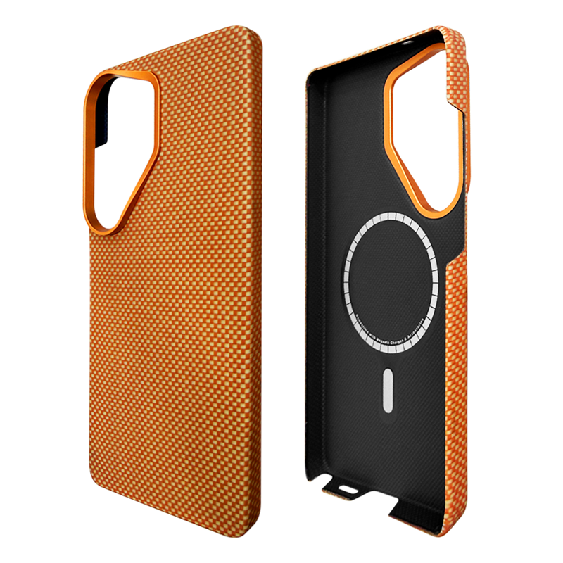 Orange aramid fiber Samsung Galaxy S26 Ultra phone case with a checkered pattern showing both front sides and inside on a white background