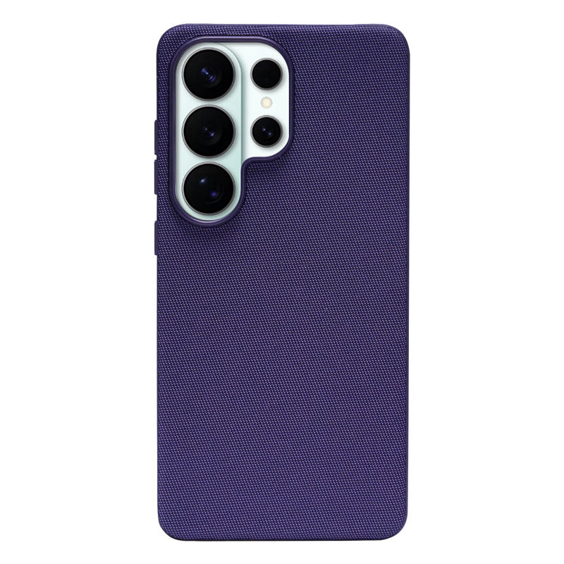 Purple textured fabric Samsung Galaxy S26 Ultra phone case on a white background