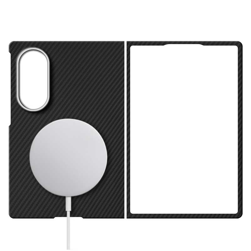 Samsung Galaxy Z Fold8 Ultra aramid fiber phone case in 600D black twill with a MagSafe charger attached on white background