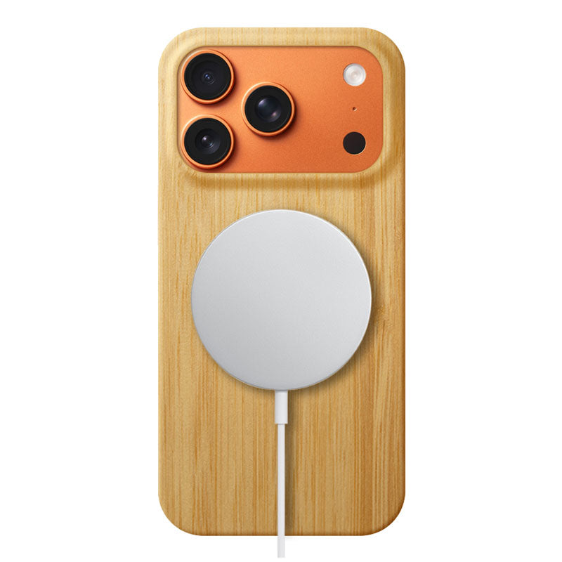 Komodoty iPhone 17 Pro Max slim bamboo phone case with MagSafe charger on white background