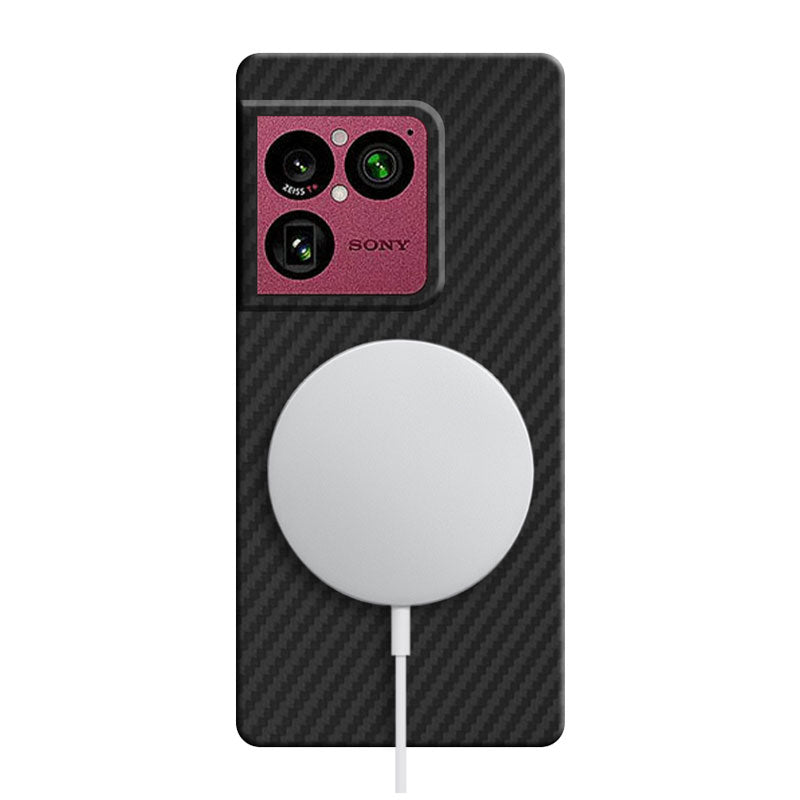 Sony Xperia 1 VIII Aramid Fiber Phone Case Black pattern with MagSafe charger attached on white background